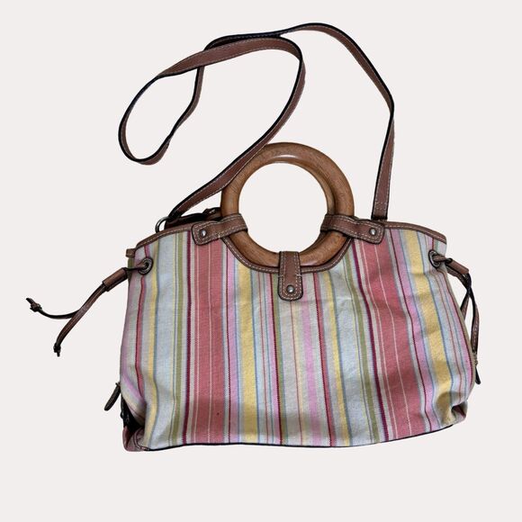 Fossil Canvas Leather Wood Satchel Purse Bag Double Handle Stripe bv - Picture 4 of 11